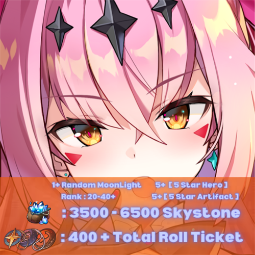 [Global]x 1+ Random MoonLight | 3500 - 6500 Skystone | 5+ [Hero 5 Star] | 5+ [5 Star Artifact] | 400+ [Total Roll Ticket] 0